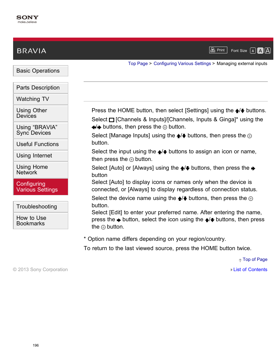 Managing external inputs | Sony XBR-65X850A User Manual | Page 202 / 249