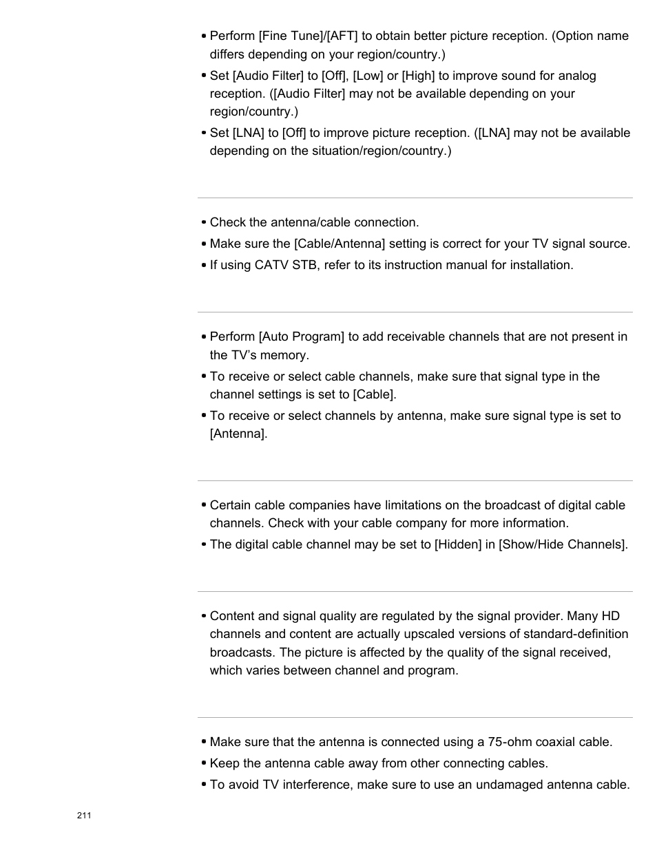You cannot receive any channels, You cannot receive or select channels, Some digital cable channels are not displayed | Broadcast hd formats have poor quality, Noisy picture | Sony XBR-65X850A User Manual | Page 217 / 249