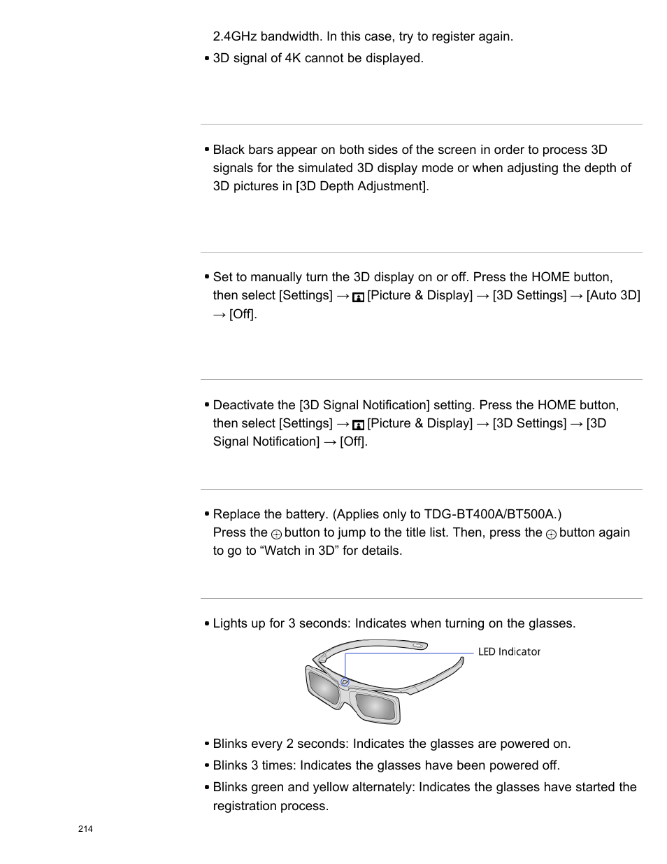 You cannot turn the active 3d glasses on, Led indicator on the active 3d glasses blinks | Sony XBR-65X850A User Manual | Page 220 / 249