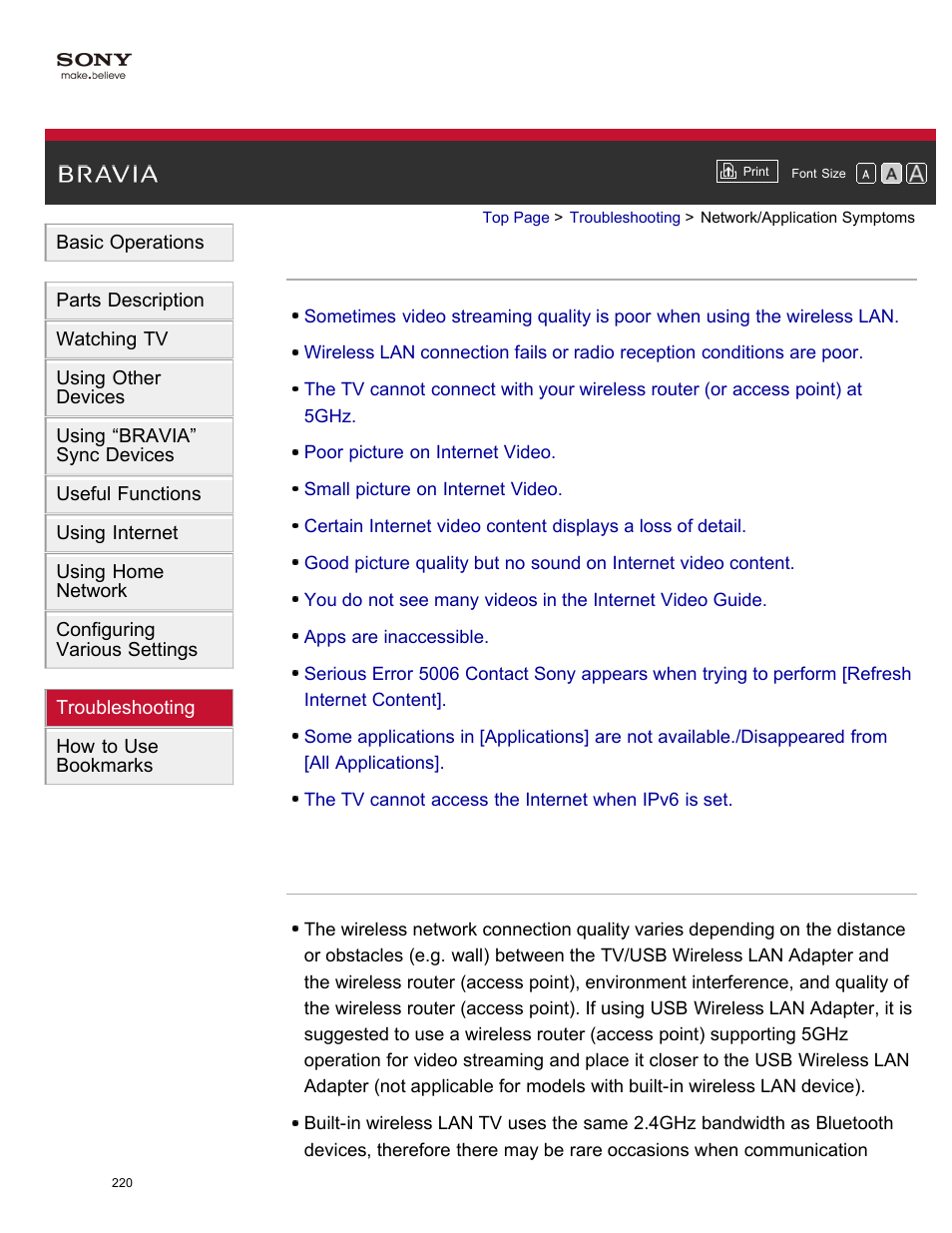 Network/application symptoms | Sony XBR-65X850A User Manual | Page 226 / 249