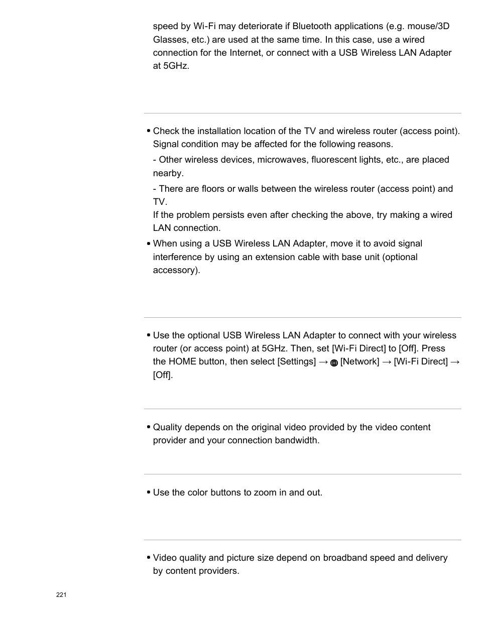 Poor picture on internet video, Small picture on internet video | Sony XBR-65X850A User Manual | Page 227 / 249