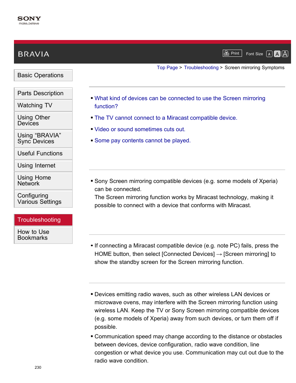 Screen mirroring symptoms | Sony XBR-65X850A User Manual | Page 236 / 249