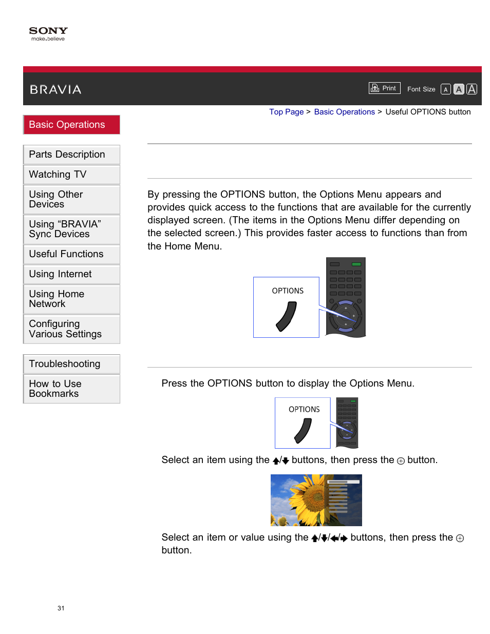 Useful options button | Sony XBR-65X850A User Manual | Page 37 / 249