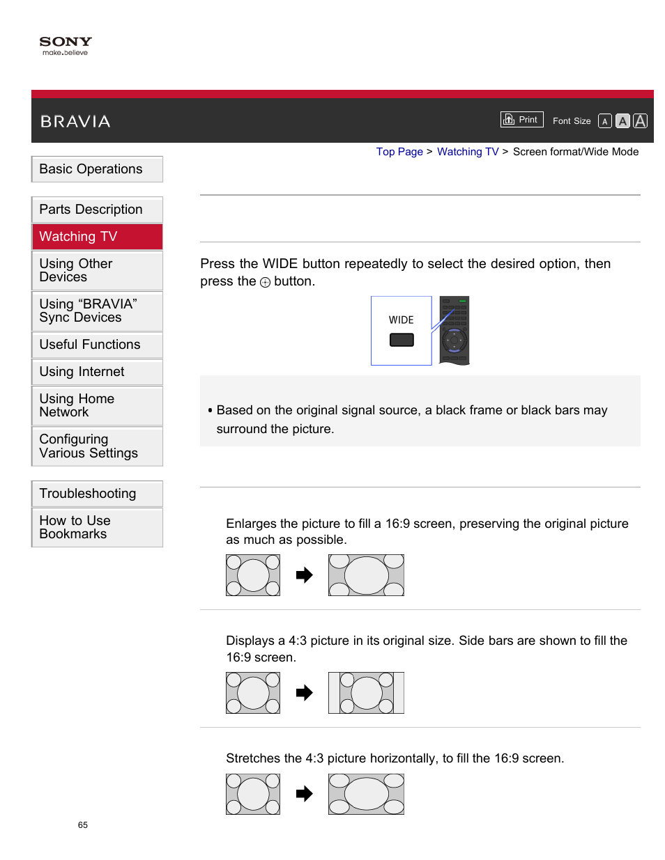 Screen format/wide mode | Sony XBR-65X850A User Manual | Page 71 / 249