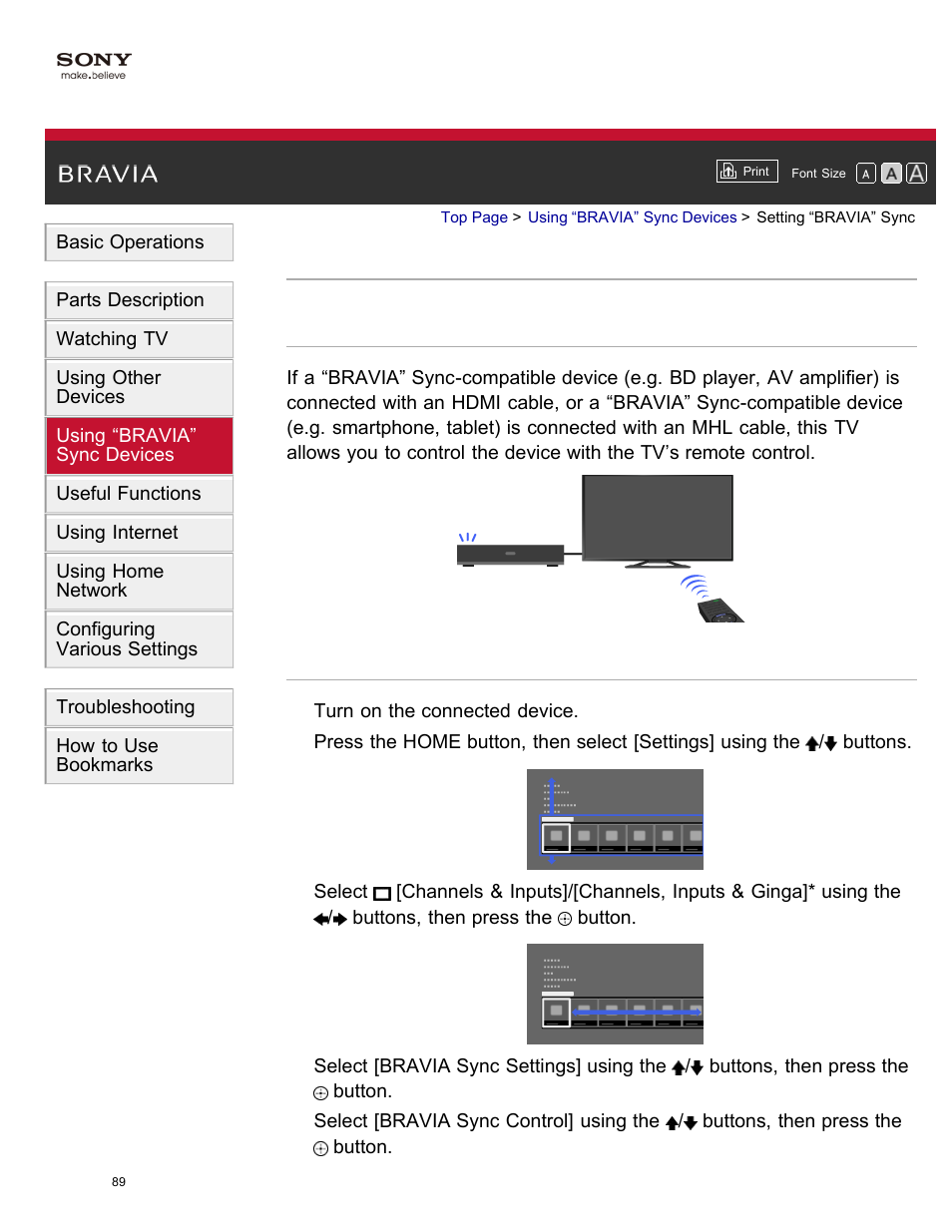 Setting “bravia” sync, Buttons for connected devices | Sony XBR-65X850A User Manual | Page 95 / 249