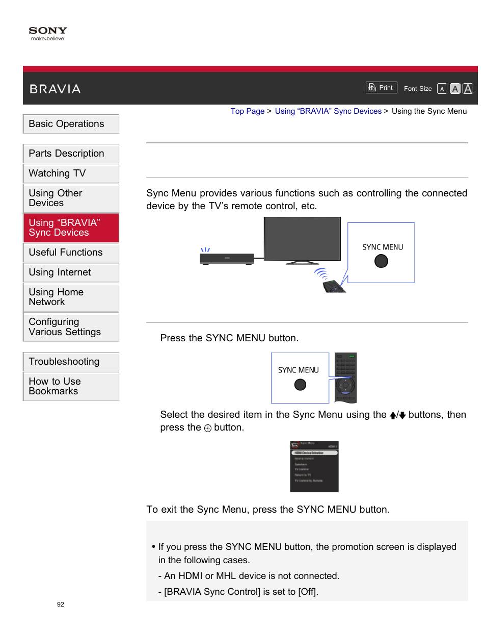 Using the sync menu, Sync menu | Sony XBR-65X850A User Manual | Page 98 / 249