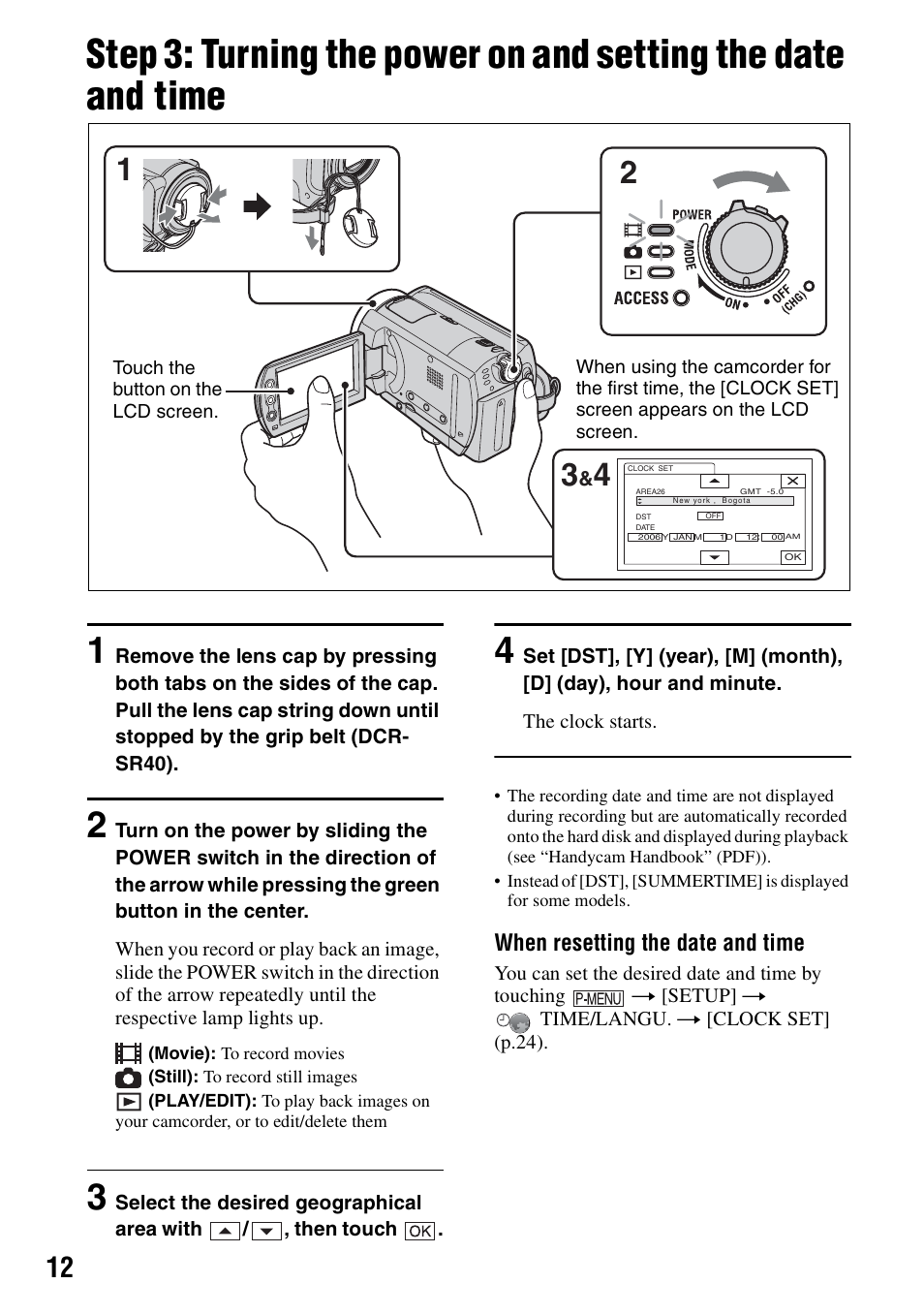 P.12), When resetting the date and time | Sony DCR-SR80 User Manual | Page 12 / 35