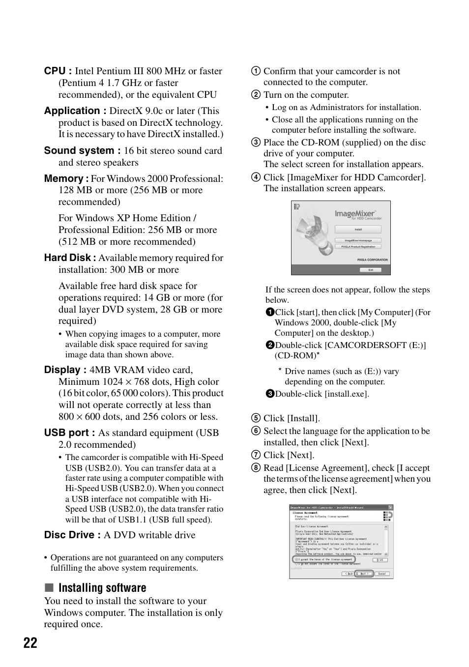 Xinstalling software | Sony DCR-SR80 User Manual | Page 22 / 35
