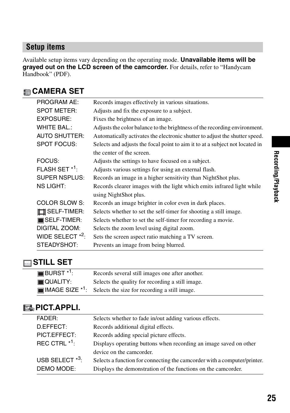 Setup items, Camera set, Still set | Pict.appli | Sony DCR-SR80 User Manual | Page 25 / 35