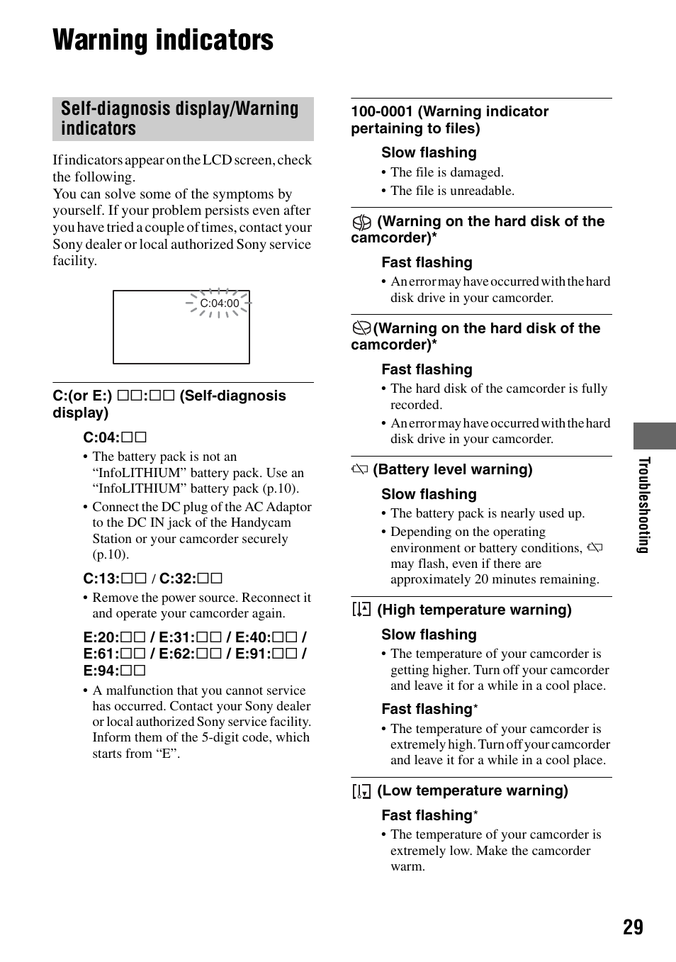 Warning indicators, Self-diagnosis display/warning indicators | Sony DCR-SR80 User Manual | Page 29 / 35