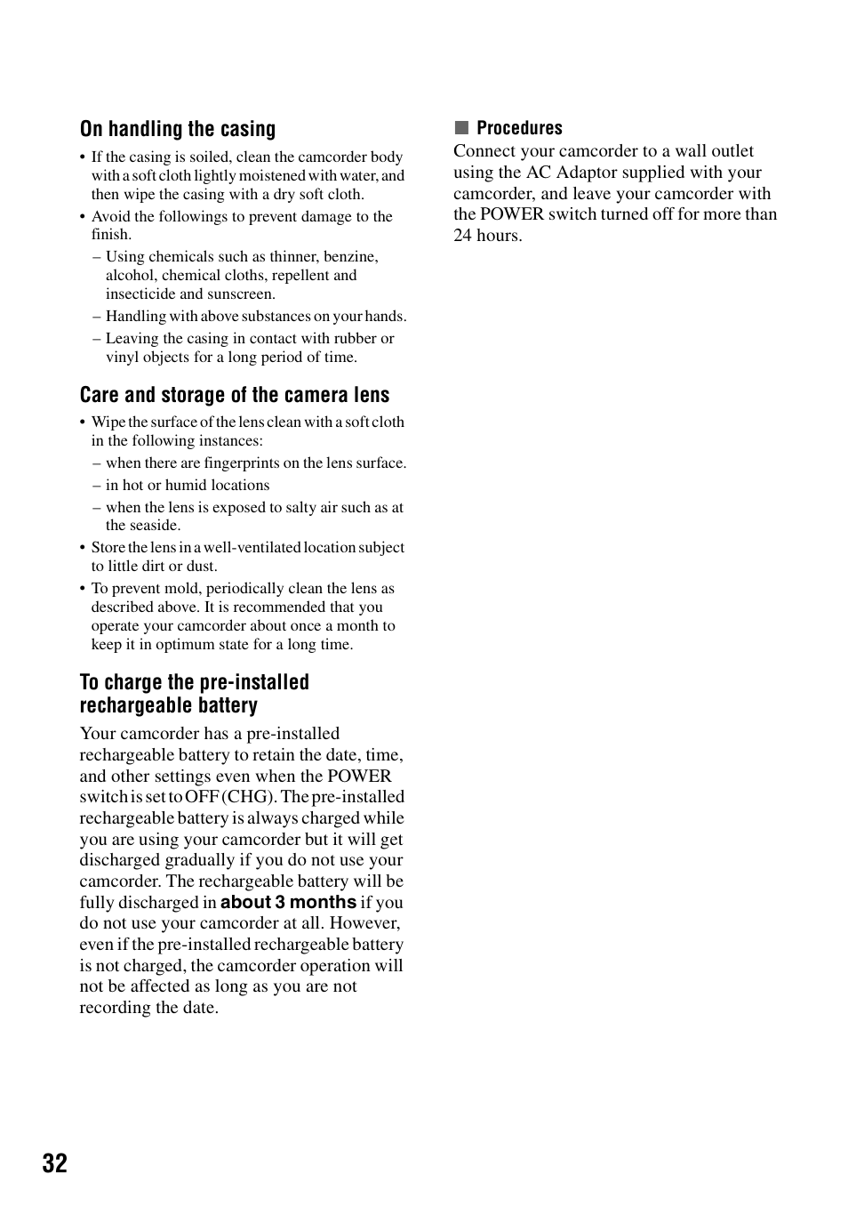 On handling the casing, Care and storage of the camera lens | Sony DCR-SR80 User Manual | Page 32 / 35