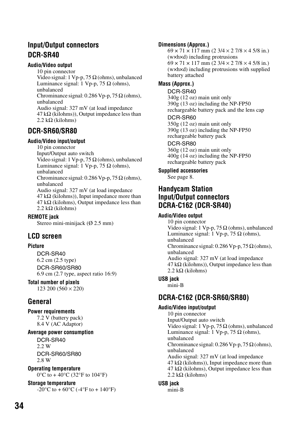 Input/output connectors dcr-sr40, Dcr-sr60/sr80, Lcd screen | General | Sony DCR-SR80 User Manual | Page 34 / 35