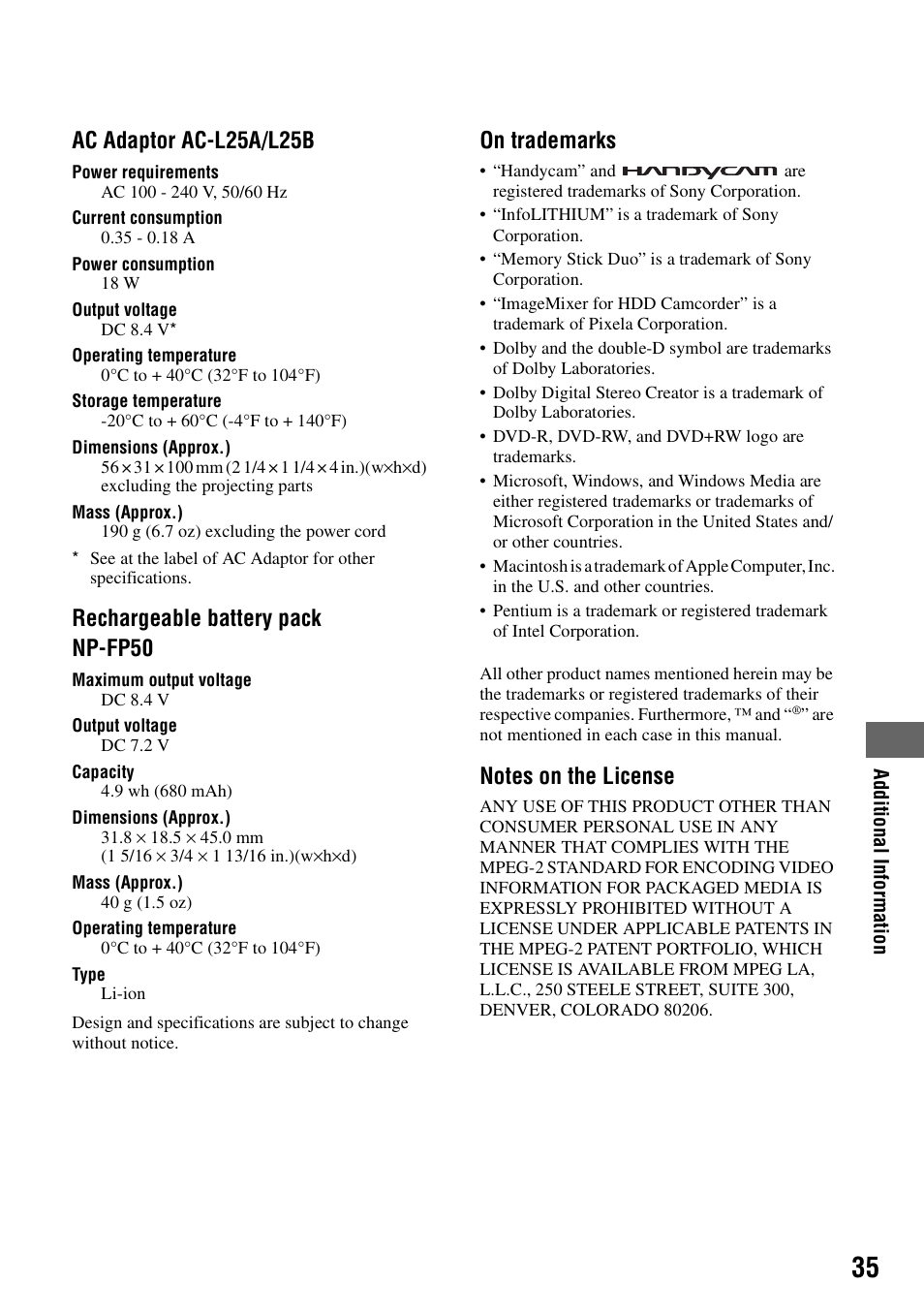 Ac adaptor ac-l25a/l25b, Rechargeable battery pack np-fp50, On trademarks | Sony DCR-SR80 User Manual | Page 35 / 35