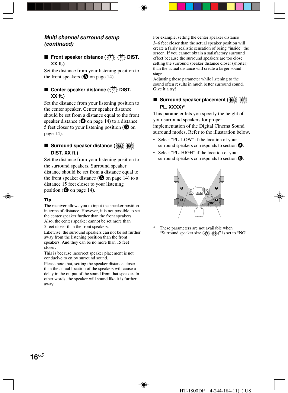 Multi channel surround setup (continued) | Sony HT-1800DP User Manual | Page 16 / 48