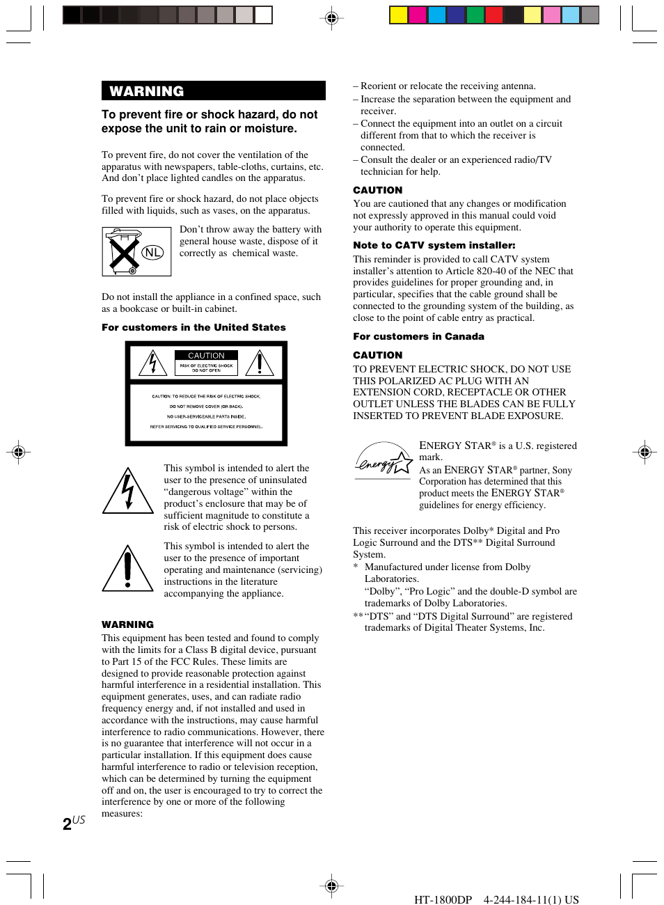 Warning | Sony HT-1800DP User Manual | Page 2 / 48