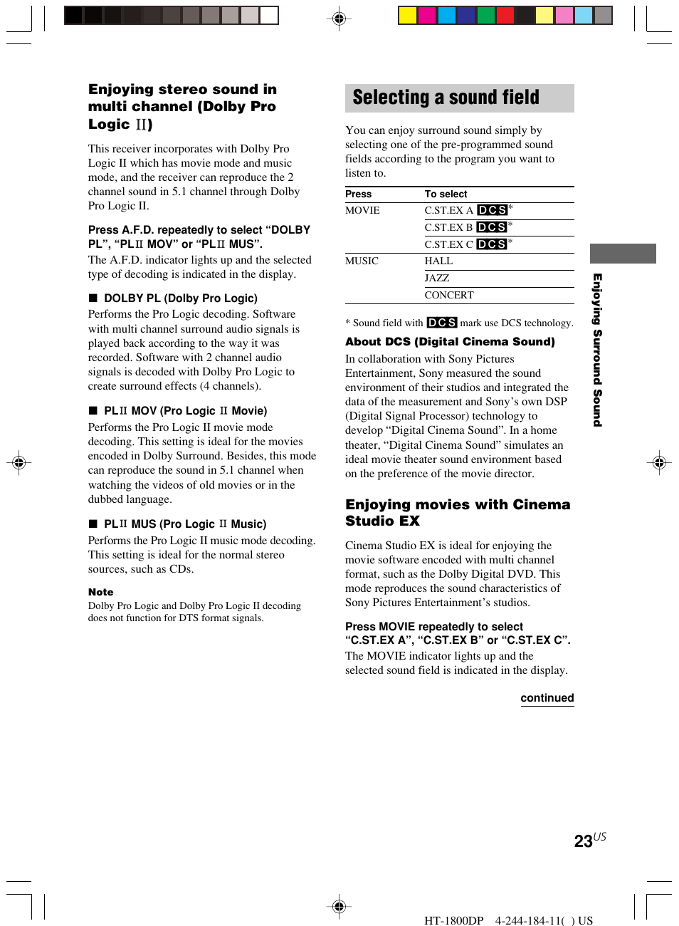 Selecting a sound field | Sony HT-1800DP User Manual | Page 23 / 48
