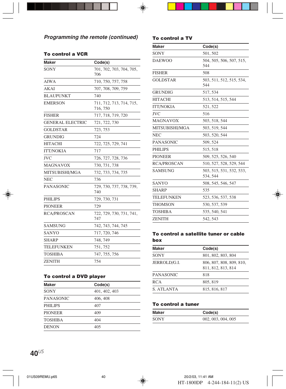 Programming the remote (continued) | Sony HT-1800DP User Manual | Page 40 / 48