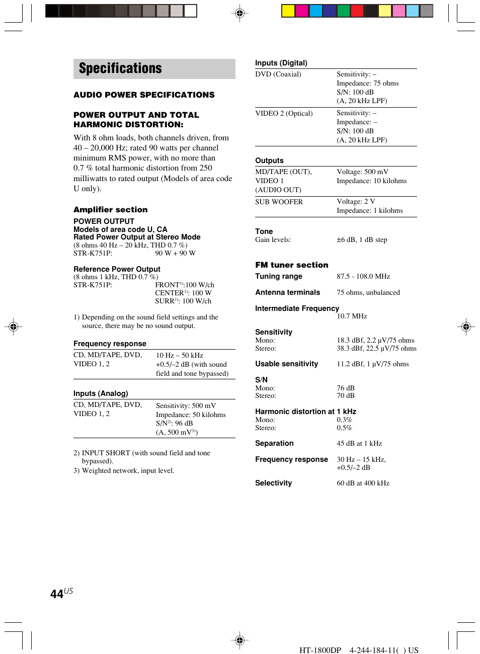 Specifications | Sony HT-1800DP User Manual | Page 44 / 48