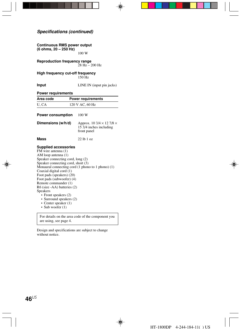 Specifications (continued) | Sony HT-1800DP User Manual | Page 46 / 48
