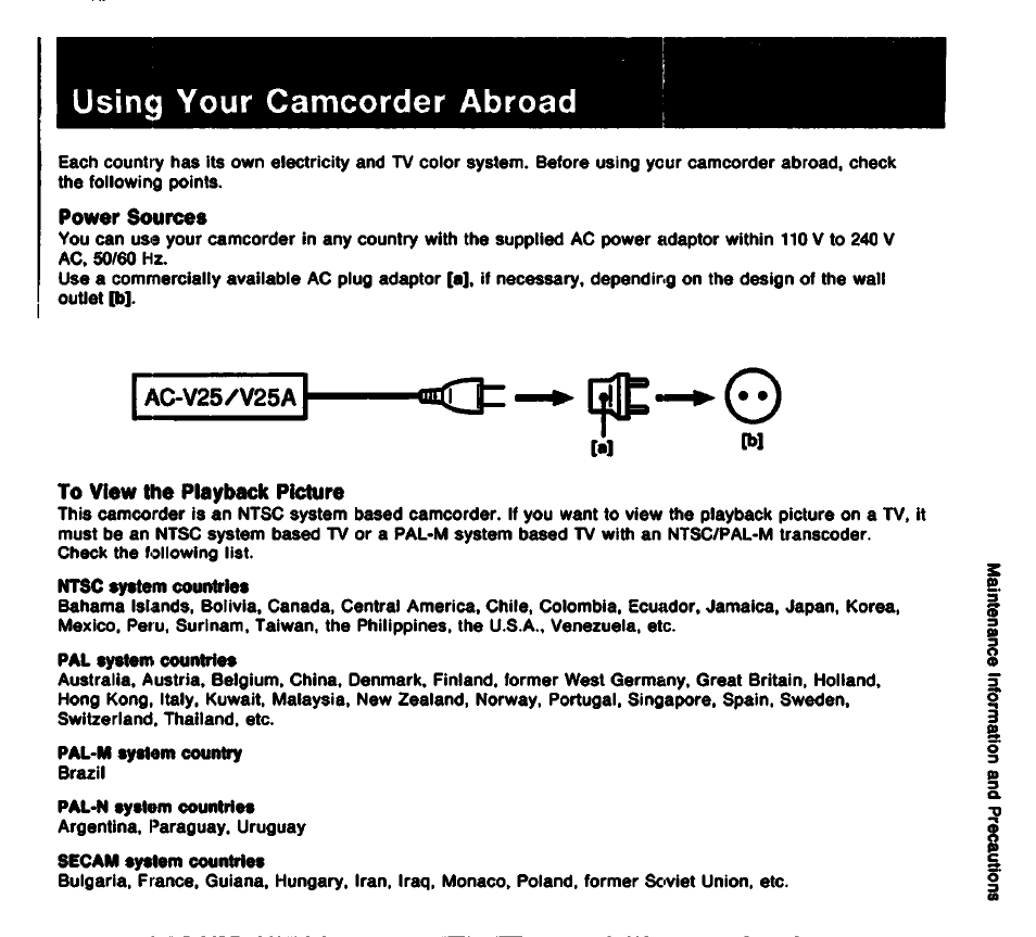 Using your camcorder abroad, Power sources, Ac-v25/v25a | To view the playback picture | Sony CCD-TR61 User Manual | Page 39 / 52