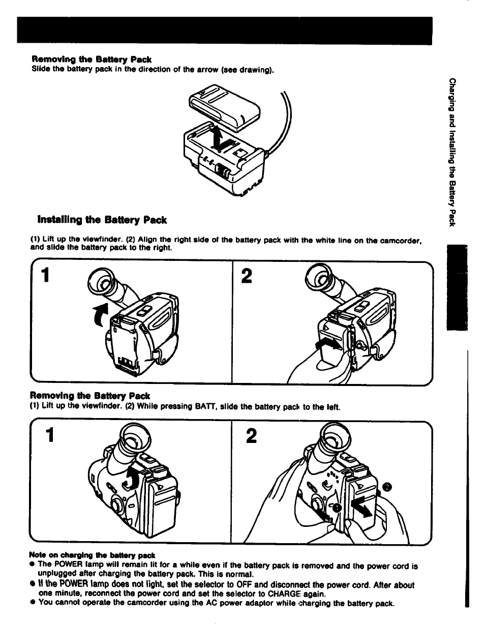Removing the battery pack, Installing the battery pack | Sony CCD-TR61 User Manual | Page 7 / 52