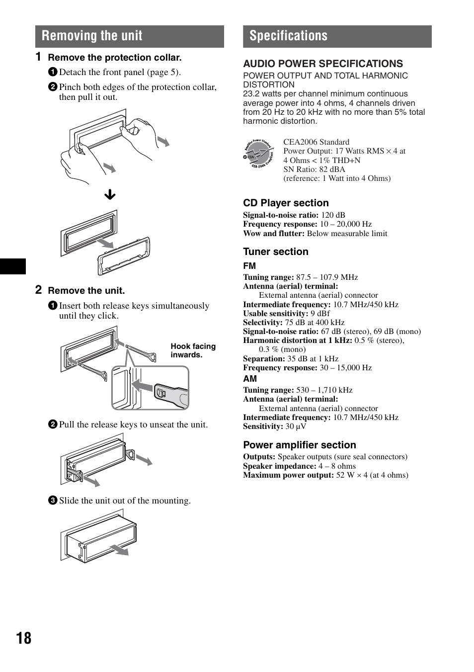 Removing the unit, Specifications, Removing the unit specifications | Sony CDX-GT62IPW User Manual | Page 18 / 44