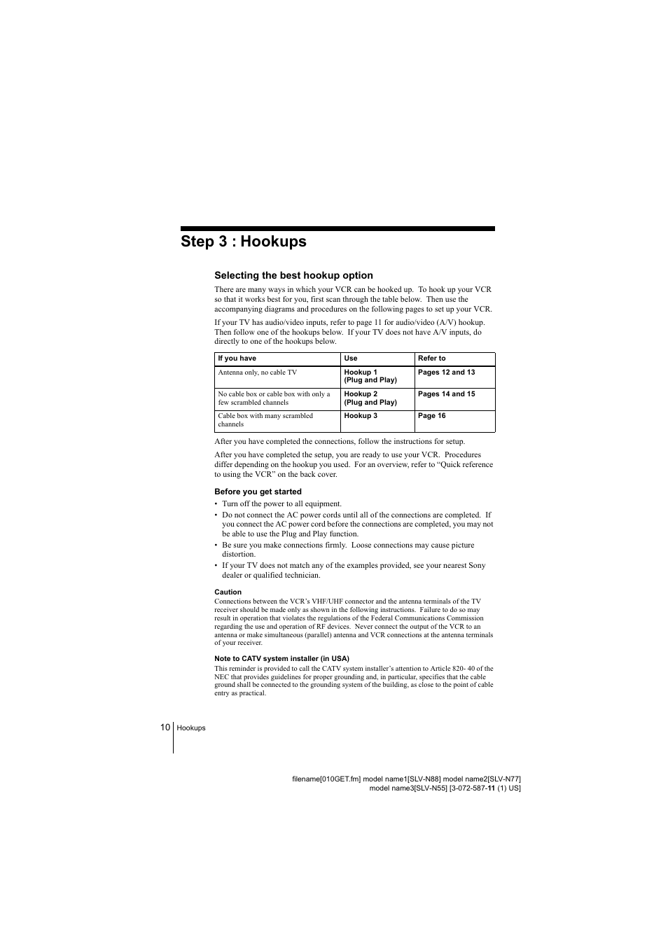 10 step 3 :hookups, Step 3 : hookups, Selecting the best hookup option | Sony SLV-N88 User Manual | Page 10 / 72