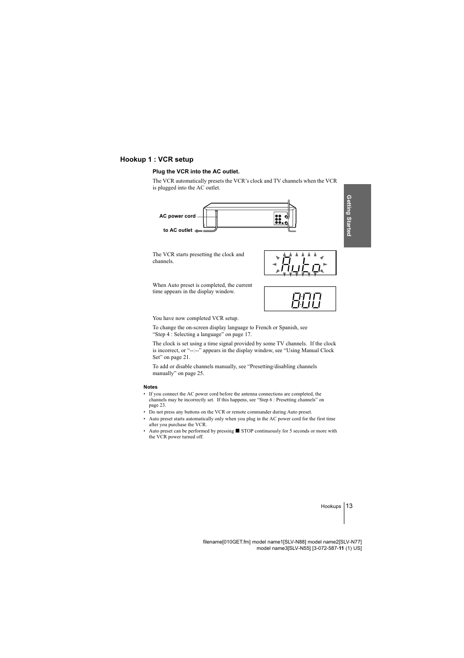 Hookup 1 : vcrsetup | Sony SLV-N88 User Manual | Page 13 / 72