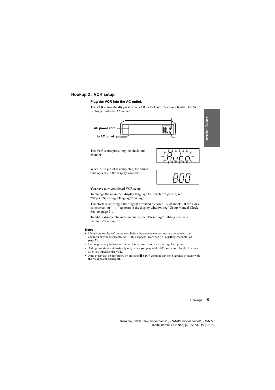 Hookup 2 : vcr setup | Sony SLV-N88 User Manual | Page 15 / 72