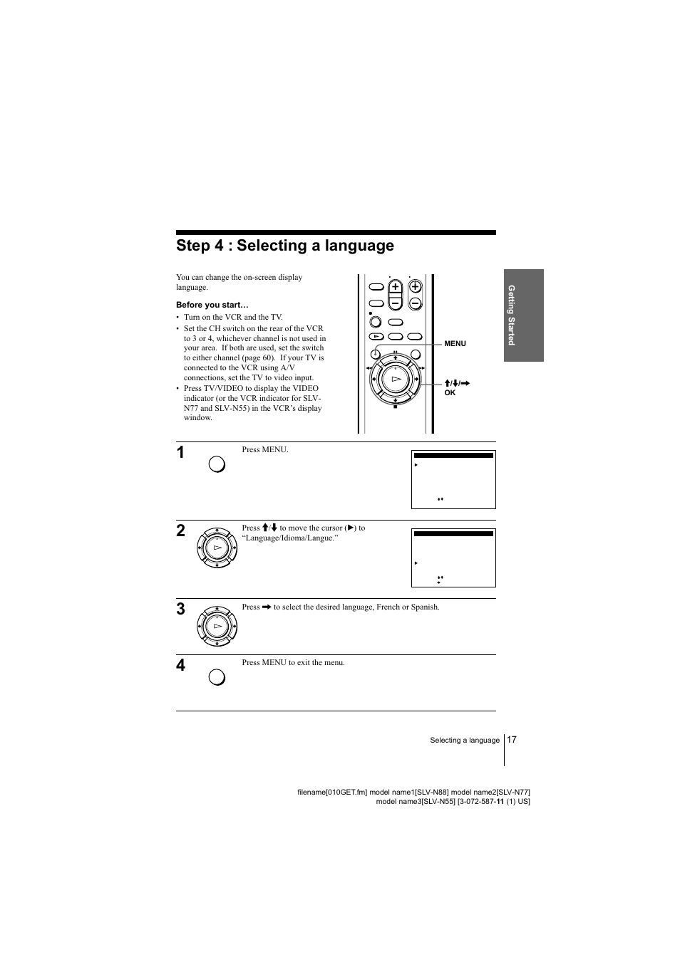 17 step 4 : selecting a language, Step 4 : selecting a language | Sony SLV-N88 User Manual | Page 17 / 72