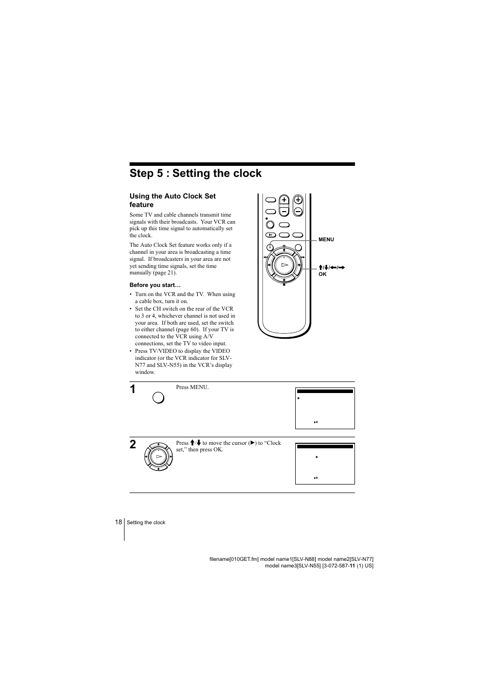 18 step 5 :settingtheclock, Step 5 : setting the clock, Using the auto clock set feature | Sony SLV-N88 User Manual | Page 18 / 72