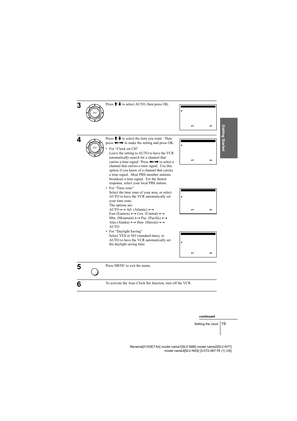 Press m/m to select auto, then press ok, Continued settingtheclock 19 | Sony SLV-N88 User Manual | Page 19 / 72