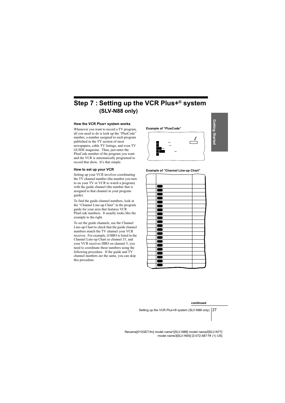 Slv-n88 only), Step 7 : setting up the vcr plus+® system, Example of “pluscode | Example of “channel line-up chart | Sony SLV-N88 User Manual | Page 27 / 72