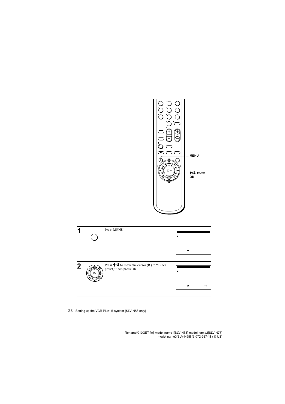 Press menu, Press | Sony SLV-N88 User Manual | Page 28 / 72