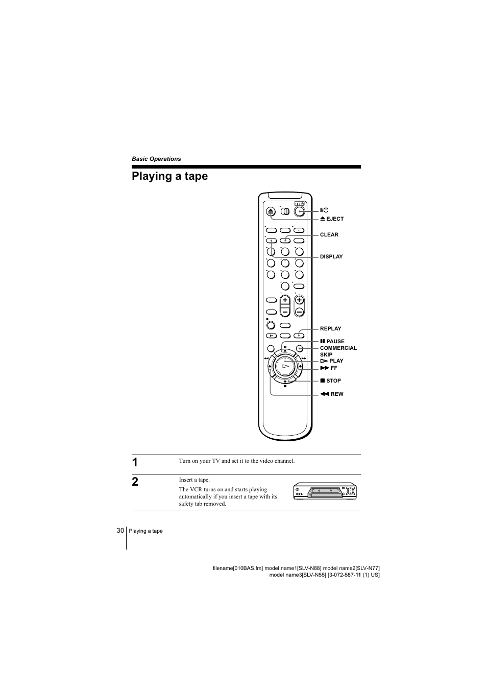 Playing a tape | Sony SLV-N88 User Manual | Page 30 / 72