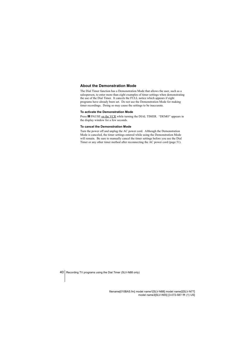 About the demonstration mode | Sony SLV-N88 User Manual | Page 40 / 72