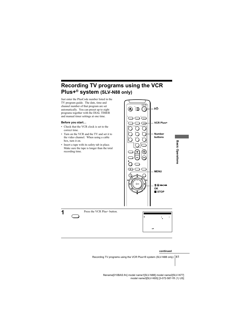 41 r, Recording tv programs using the vcr plus+® system, N88 only) | Sony SLV-N88 User Manual | Page 41 / 72