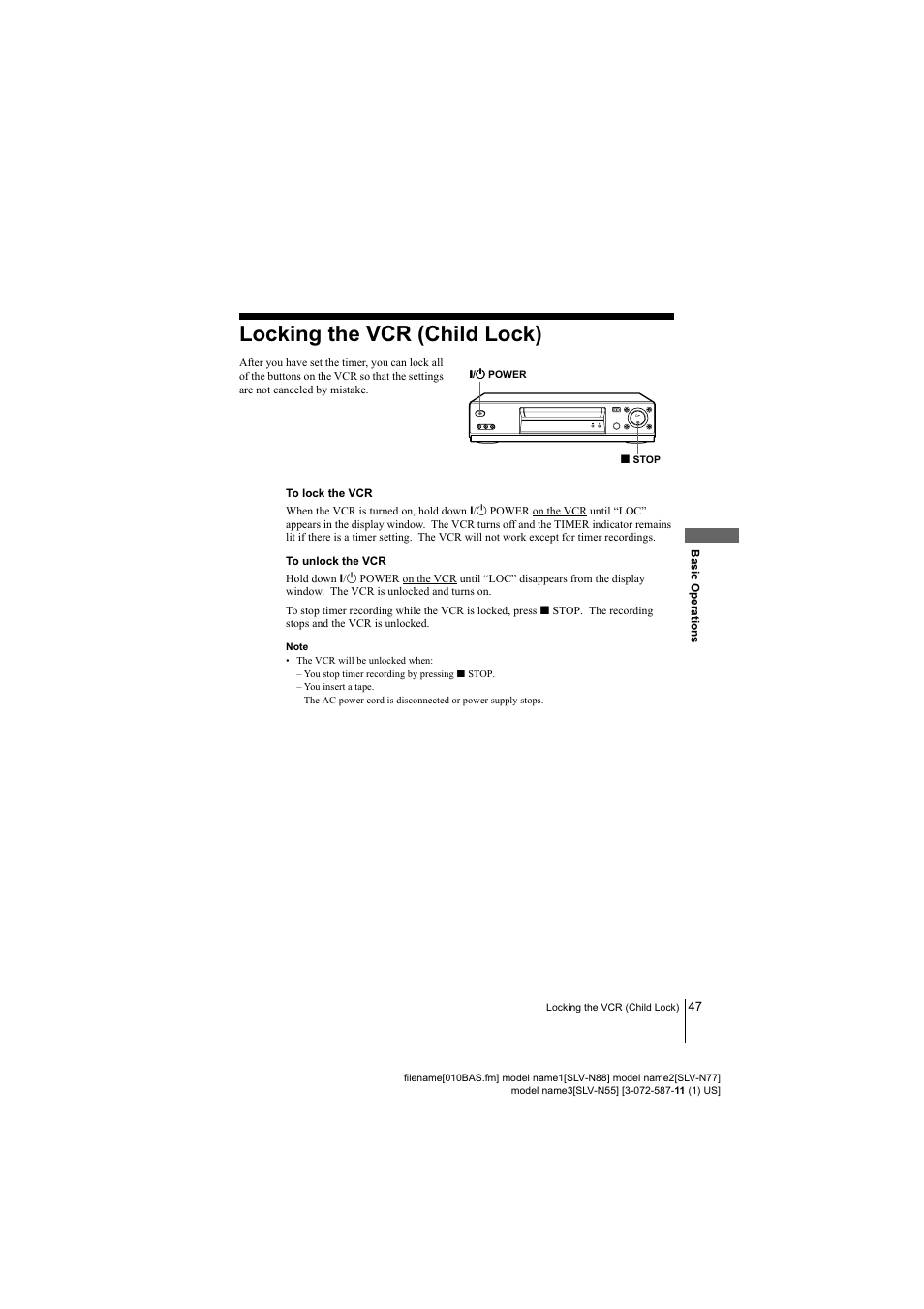 47 locking the vcr (child lock), Locking the vcr (child lock) | Sony SLV-N88 User Manual | Page 47 / 72