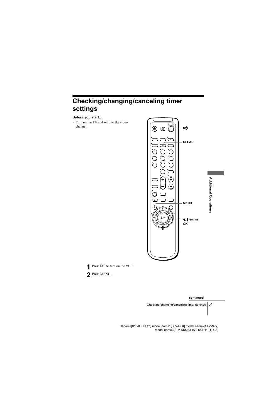 51 checking/changing/canceling timer, Checking/changing/canceling timer settings, 0 0 0 0 a | Sony SLV-N88 User Manual | Page 51 / 72