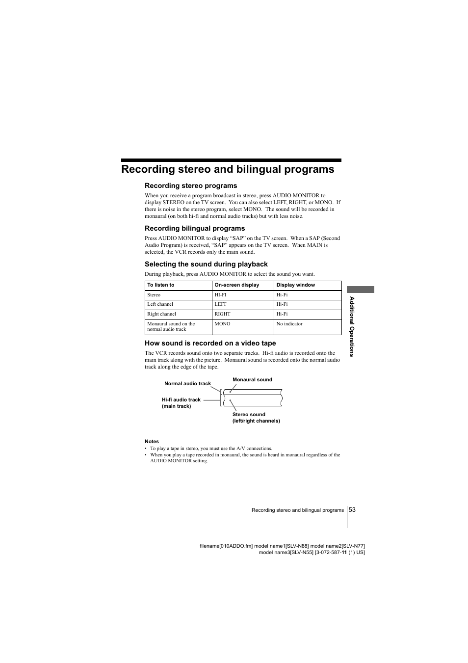 53 recording stereo and bilingual, Recording stereo and bilingual programs, Recording stereo programs | Recording bilingual programs, Selecting the sound during playback, How sound is recorded on a video tape | Sony SLV-N88 User Manual | Page 53 / 72