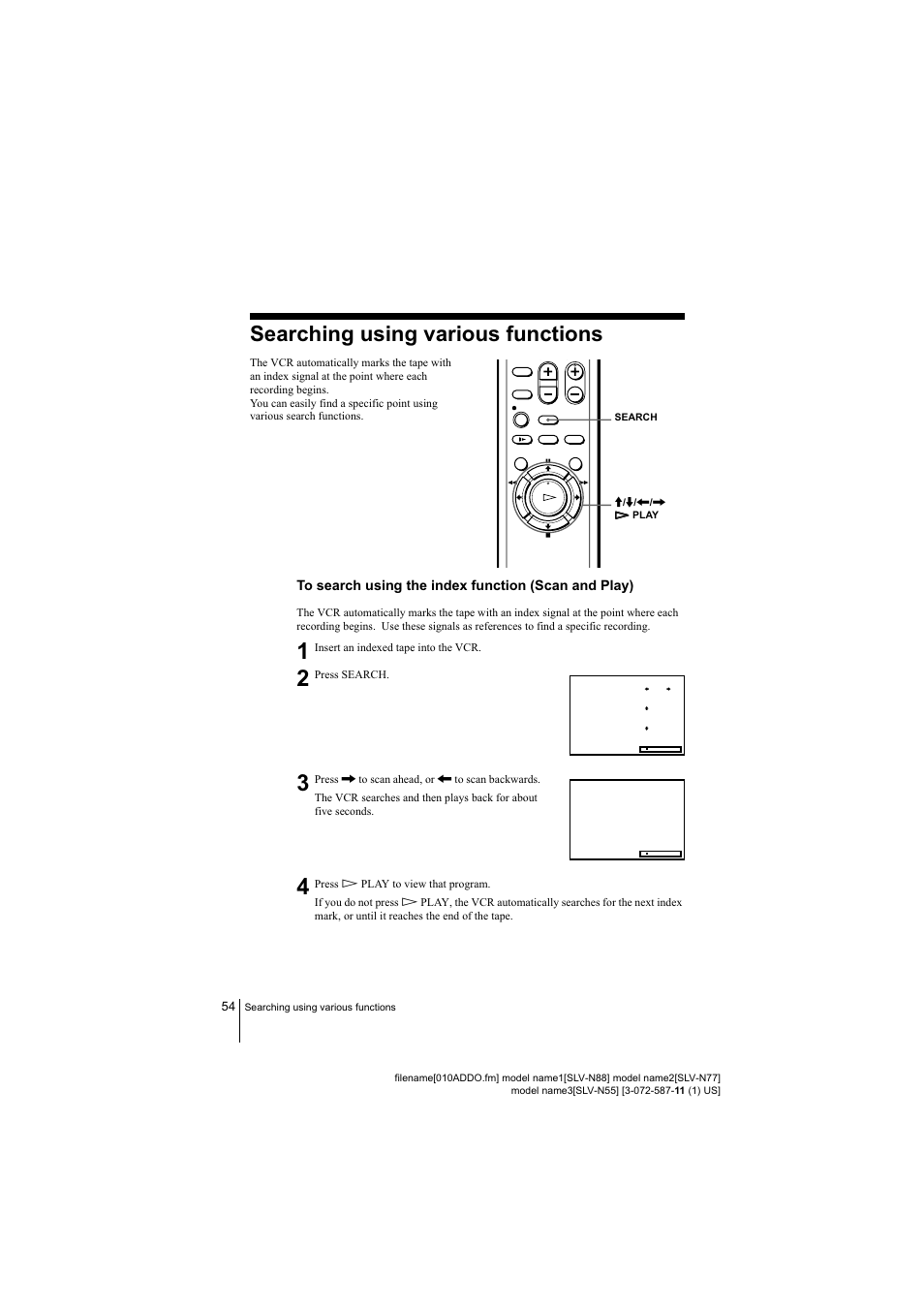 Searching using various functions, Insert an indexed tape into the vcr. press search | Sony SLV-N88 User Manual | Page 54 / 72
