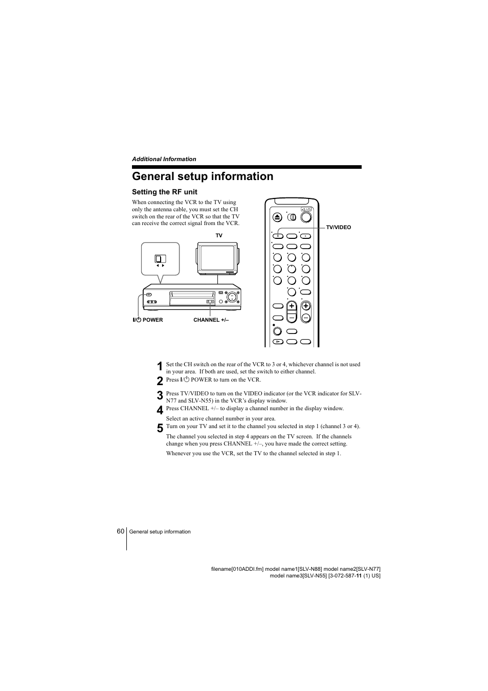 Additionai information, General setup information, Setting the rf unit | Sony SLV-N88 User Manual | Page 60 / 72