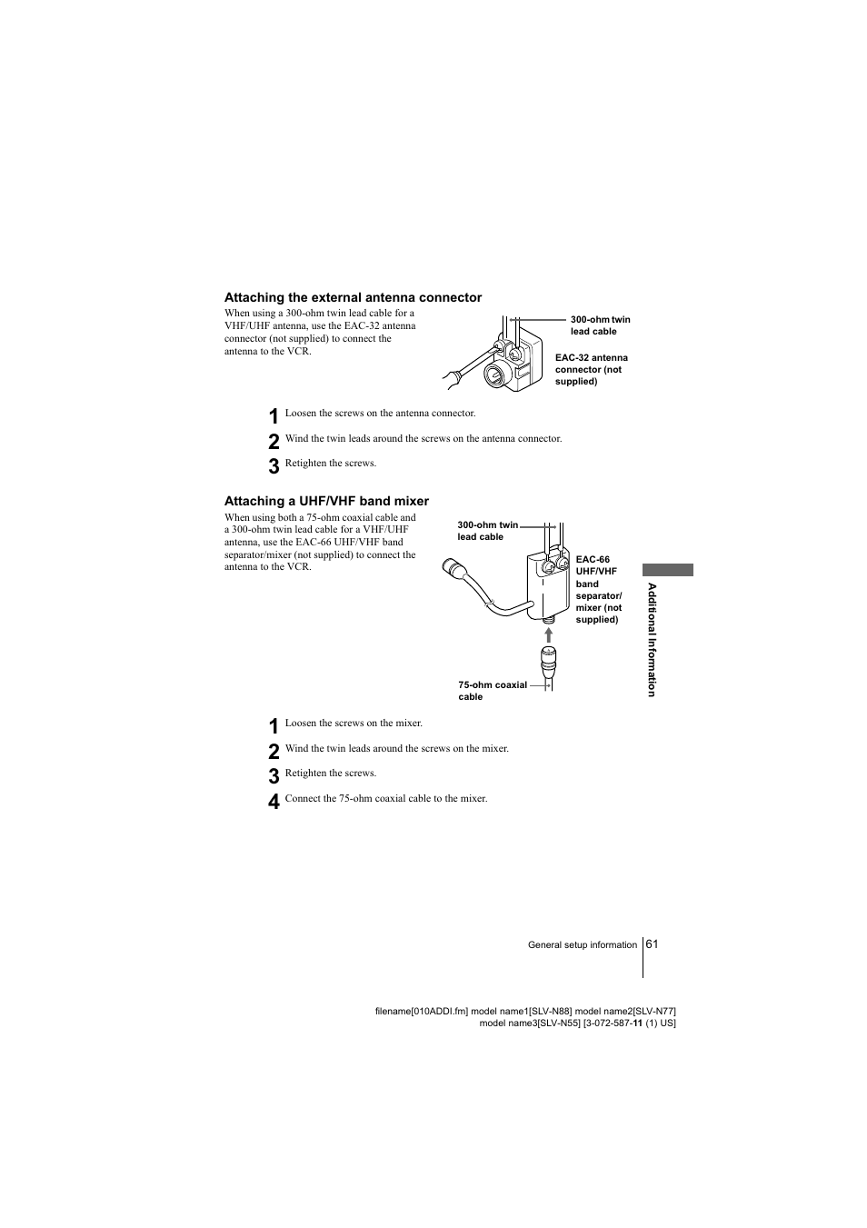 Attaching the external antenna connector, Attaching a uhf/vhf band mixer | Sony SLV-N88 User Manual | Page 61 / 72