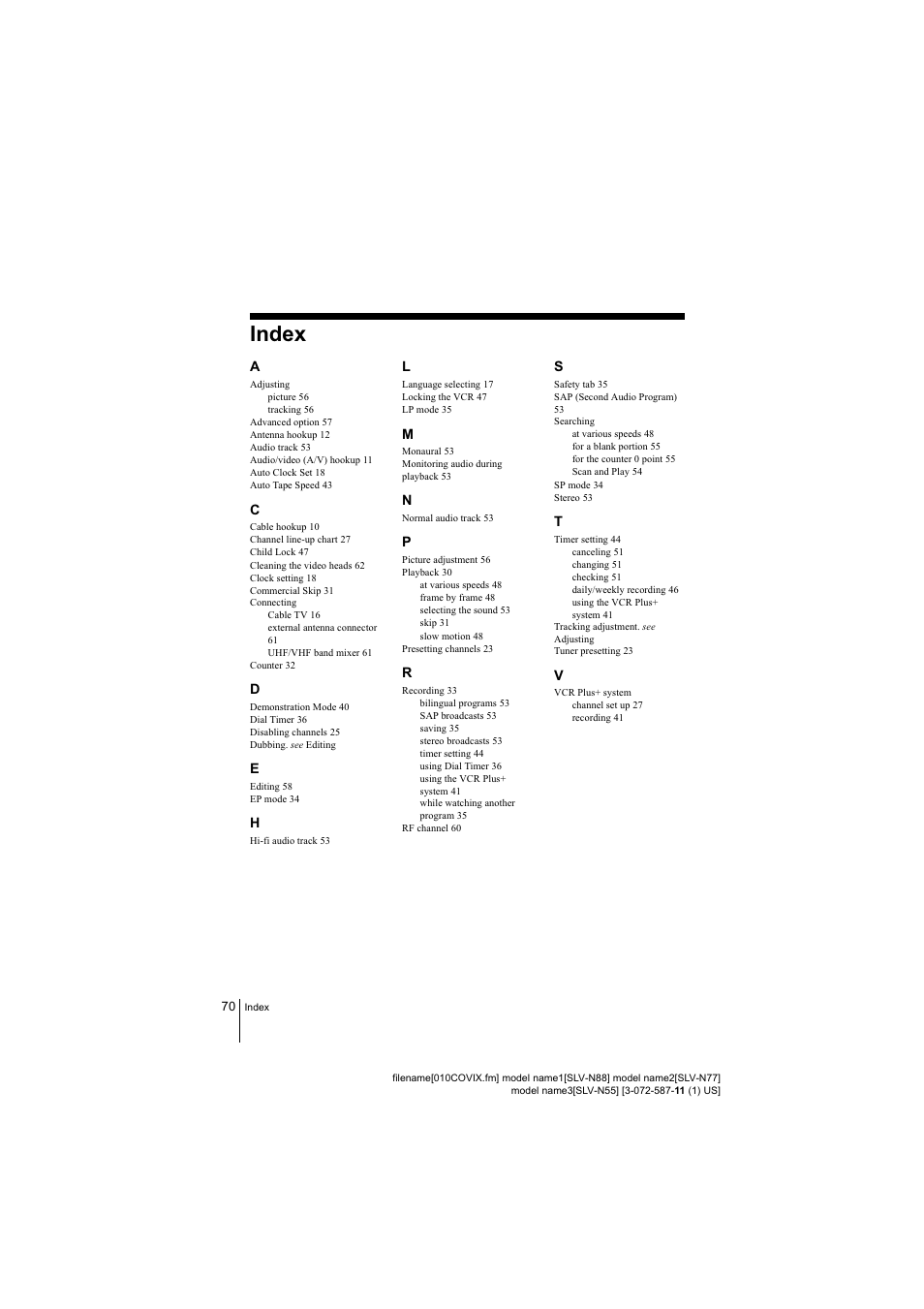 Index | Sony SLV-N88 User Manual | Page 70 / 72