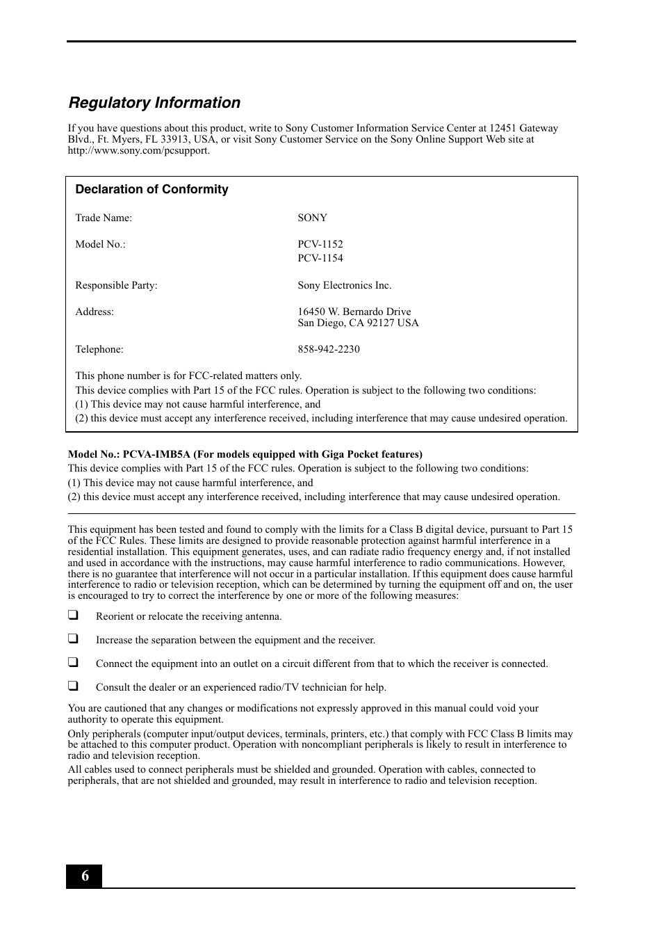 6regulatory information | Sony VGC-RA710G User Manual | Page 6 / 80