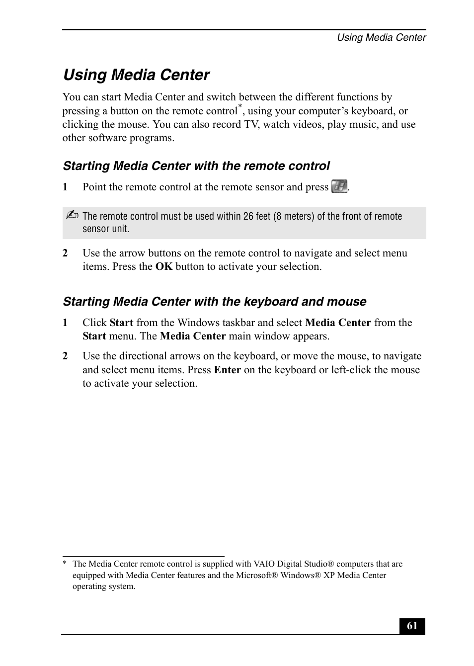 Using media center | Sony VGC-RA710G User Manual | Page 61 / 80