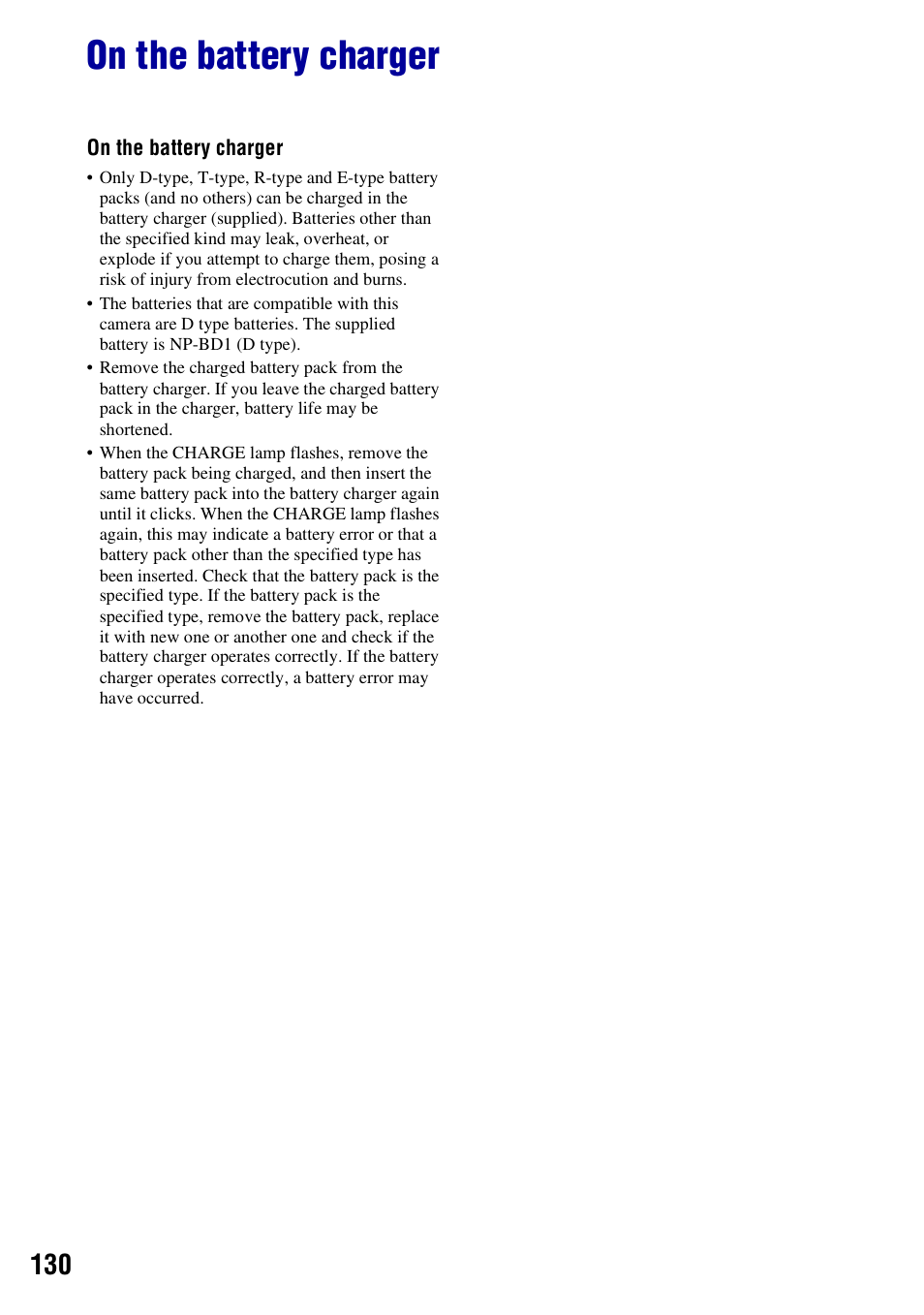 On the battery charger | Sony DSC-T500 User Manual | Page 130 / 135