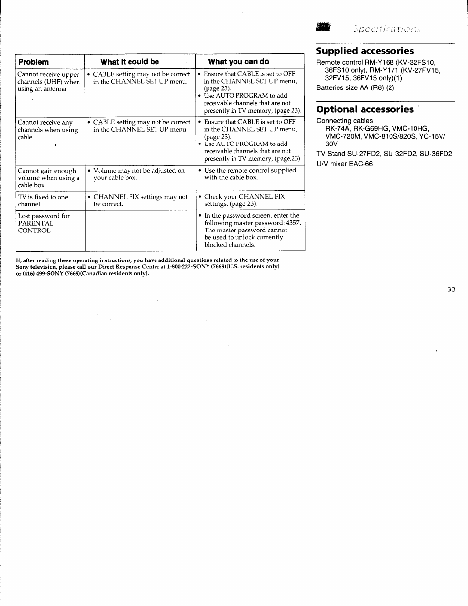 Supplied accessories, Optional accessories, Speuin dtic | Problem what it could be what you can do | Sony WEGA KV-36FS10 User Manual | Page 39 / 42