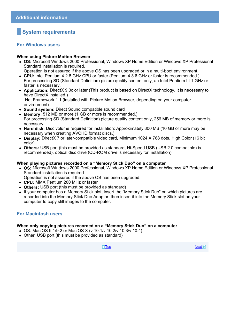 Additional information, System requirements, For windows users | For macintosh users | Sony HDR-UX1 User Manual | Page 40 / 91