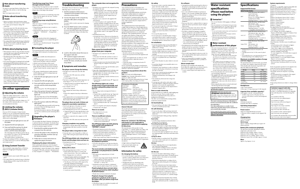On other operations, Troubleshooting, Precautions | Water resistant specifications, Specifications, Please read before using the player), Hint about transferring music, Hints about playing music, Adjusting the volume, Limiting the volume (avls (volume limit)) | Sony NWZ-W252CAMO User Manual | Page 2 / 2